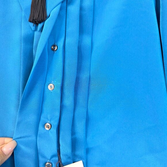 80s Gaylord Pleated Blouse 16 Blue Tassel Feminine Romantic Flowy Whimsical New - Picture 2 of 10